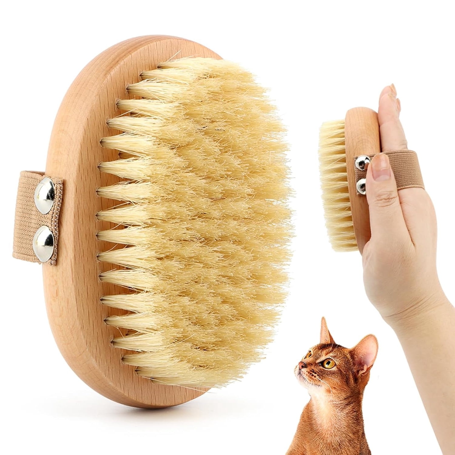 Soft Boar Bristle Pet Palm Brush for Short Haired Dogs and Cats, Ergonomic Hand Strap Grooming Brush, Natural Bristles for Gentle Massage and Shedding Control, Wooden Handle