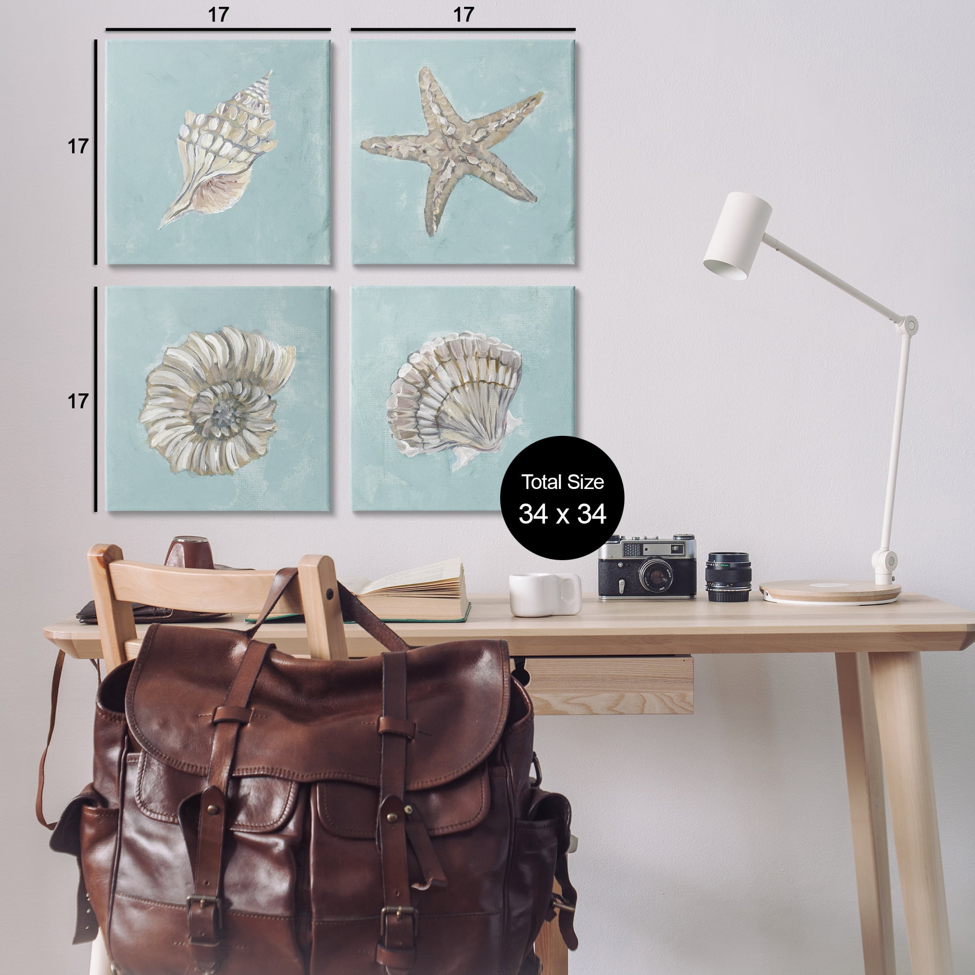Stupell Industries Beige & Blue Sea Life Nautical & Beach Painting Wrapped Canvas Art Print Wall Art, 17 x 17, Set of 4