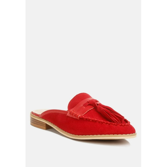 EDMANDA Tassle Detail Leather Mules in Red