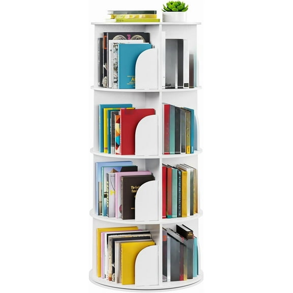 Four-tier rotating bookshelf tower, rotating bookcase turntable, 360 degree rotating bookshelf storage rack, white