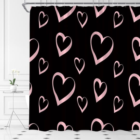 Rideau de Douche Saint-Valentin Rose Cœur Fond Noir Romantique Couple Doux Ensemble de Rideaux de Salle de Bain avec Crochets (70 Pouces L X 70 H)