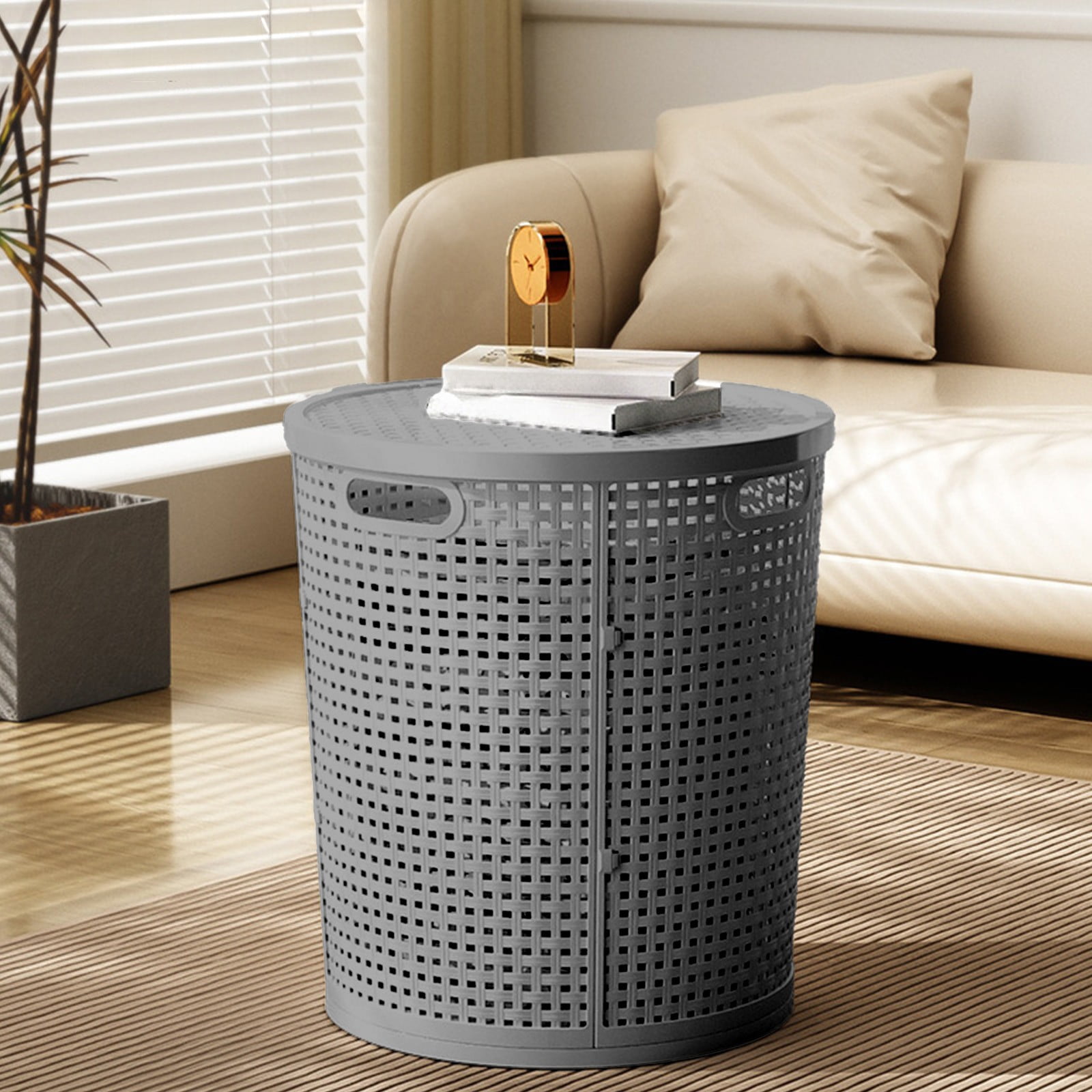 Beautynvta Laundry Hamper with Lid, Plastic Imitation Rattan Dirty Clothes Basket, Storage Basket for Bathroom, Bedroom and Living Room, Gray