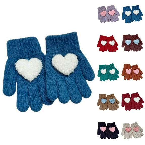 qolati Kids Winter Gloves Girls Warm Stretchy Knit Gloves Toddler Cute Fuzzy Love Heart Full Fingers Gloves for Cold Weather 3-8 Years