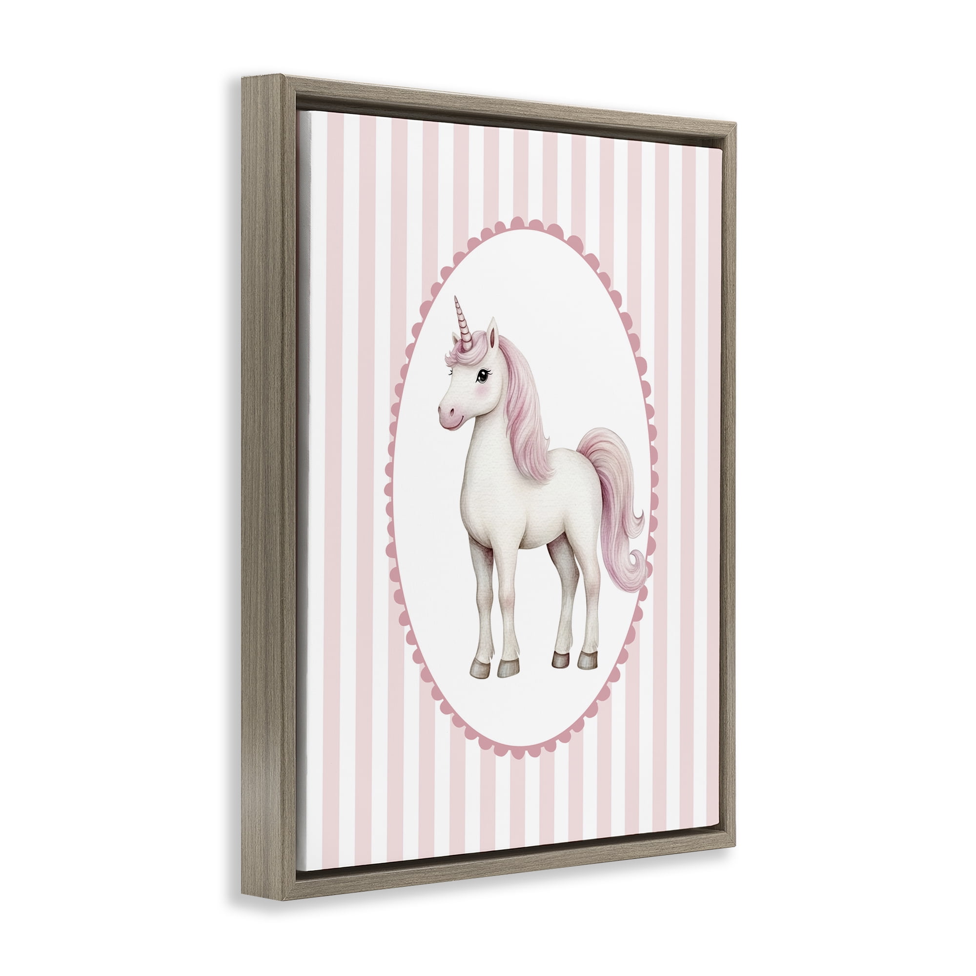 Gentle Unicorn on Pink Stripes Brown Framed Floater Canvas Wall Art, design by Christine Simpson Art