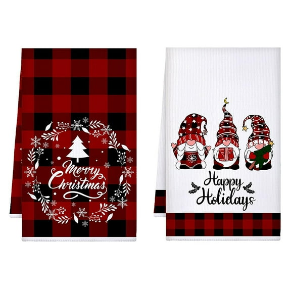 2Pcs Christmas Kitchen Towels Red Black Buffalo Plaid Tea Dishtowels Absorbent Winter Gnome Truck Snowman Bathroom Hand Towels for Xmas Kitchen Bathroom Decoration Farmhouse Housewarming Gift