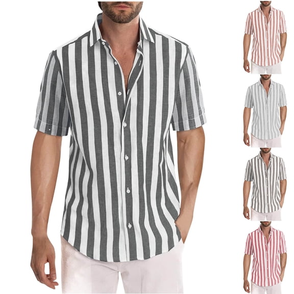 Swuxness Men's Short Sleeve Turndown Collar Shirt Stripe Print Button Casual Lightweight Top