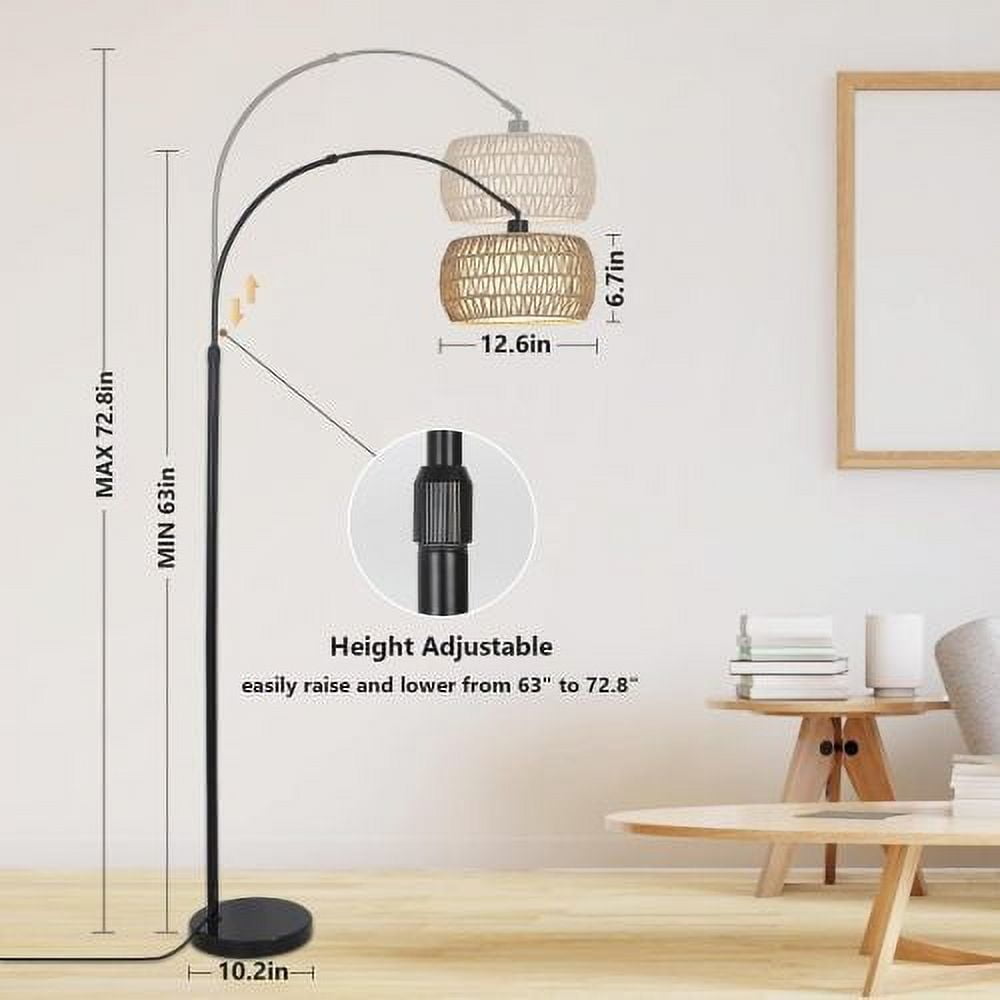 ACE-LIGHTS,Arc Dimmable LED Rattan Boho Floor Lamp with 3 Color Temperature & Remote Control,Standing Lamp,Farmhouse Tall Lamp,Over Couch Arched Reading Light for Living Room,Bedroom,Office(Black)