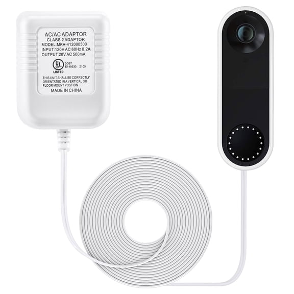 Doorbell Transformer 16-24V Adapter, 16.4ft Long C Wire Power Supply 20VAC 500mA Power Adapter, Compatible with Eufy Video Doorbell, UL Certification with 50PCS Cable Clips(White)