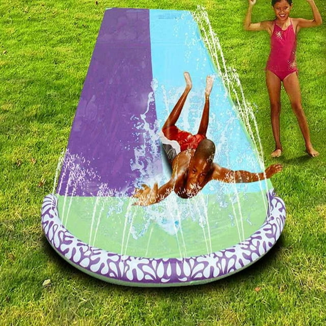 Durable PVC Inflatable Water Slide with 2 Surfboards - Blue & Purple Double Rider Design for Summer Outdoor Lawn Water Play, Quick Inflation, Kids Safe & Portable Summer Toy