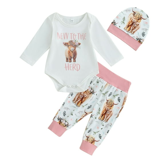 Baby Girls Fall Outfits 3 6 12 18M Letter Cow Print Crew Neck Long Sleeve Rompers Long Pants Hat 3Pcs Clothes Set