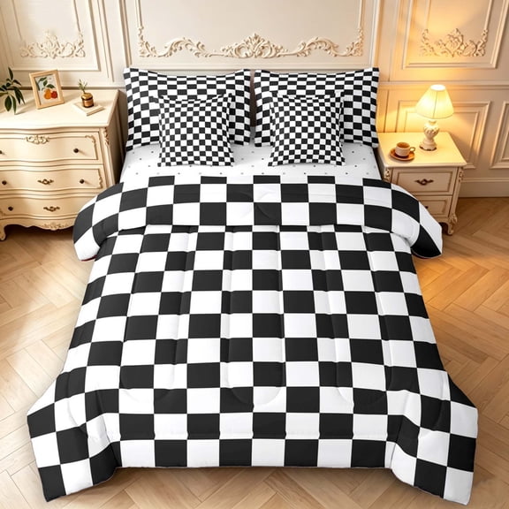 Manfei Checkered Art 7-Piece Twin Bedding,Glossy Drip Bedding Comforter Set,Black White,Reversible