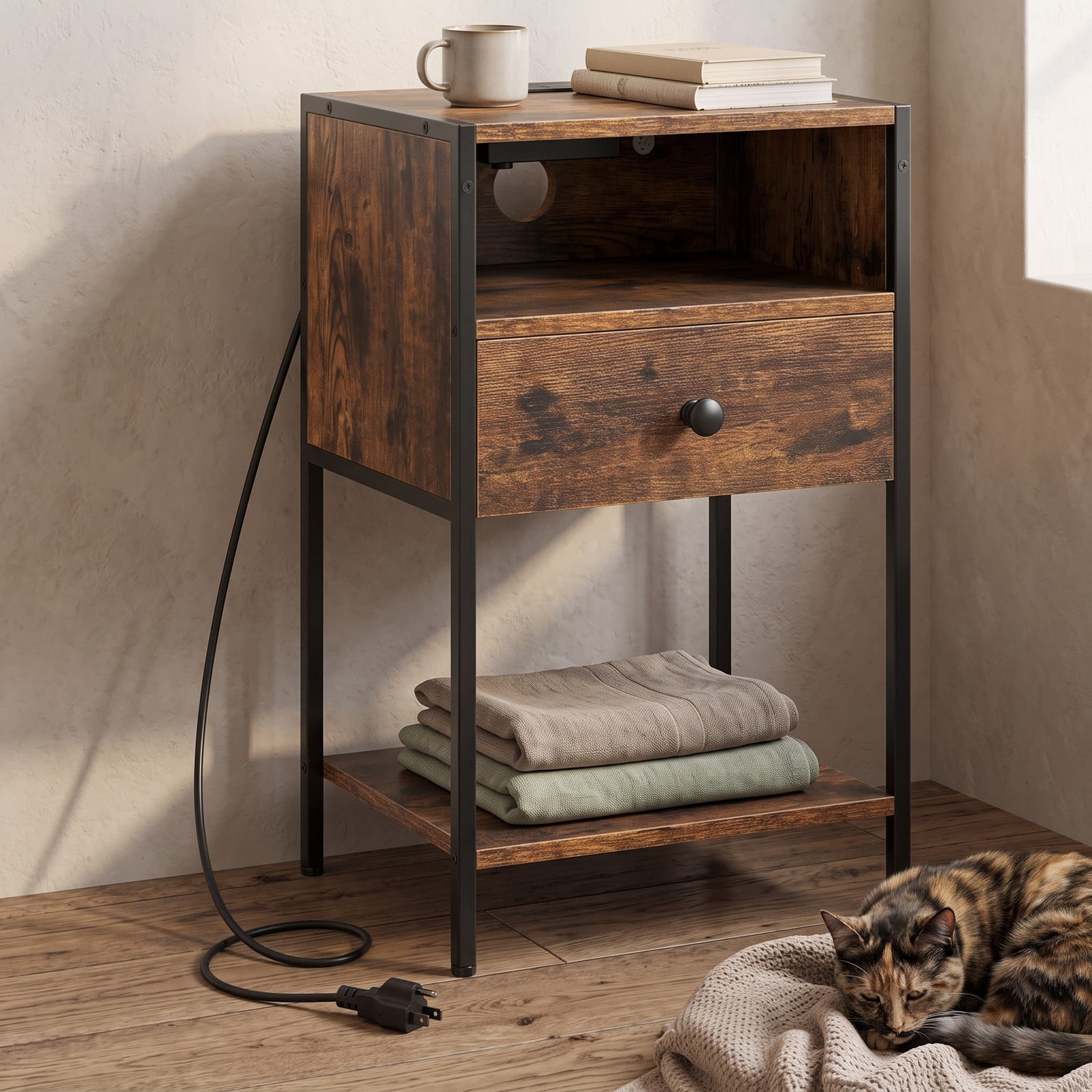 Furnibear Nightstand with Charging Station and USB Type-C Ports plus Drawer and Open Shelf for Bedroom and Living Room, Rustic Brown