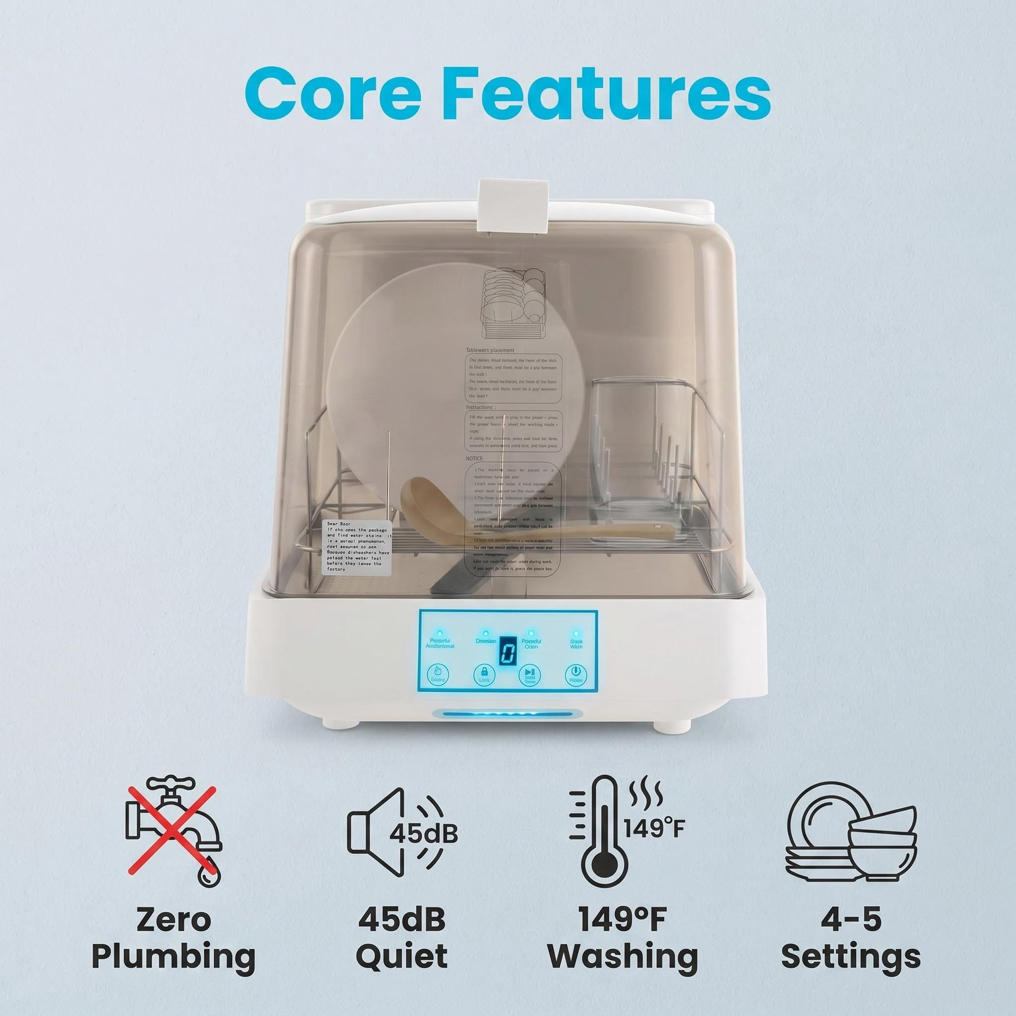 FUNGQI Portable Countertop Dishwasher with 1.59Gal Built-in Water Tank, 45dB Ultra-Quiet Mini Tabletop Dishwashing Machine with Child Lock, 3 Programs, Air-Dry for Apartments Dorms RVs, White