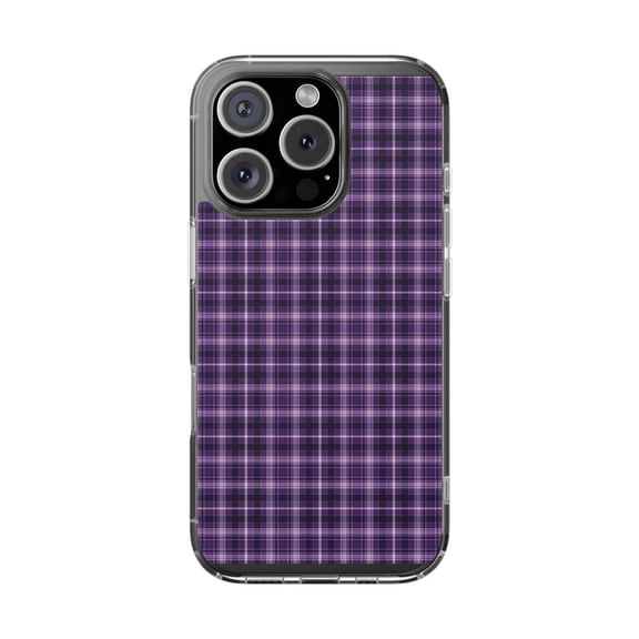 Clear Hybrid Shockproof Case for Apple iPhone 16 PRO - Elegant Purple Black Tartan Design