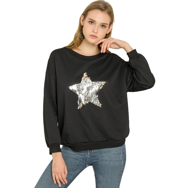 Unique Bargains Chandail en Molleton à Manches Longues Col Rond Étoile Brillant à Sequins pour Femmes