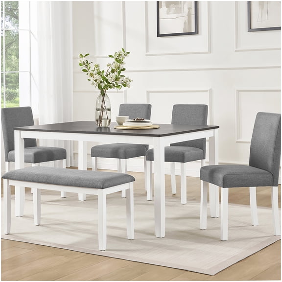 Grey and White Dining Table Set for 6 with Bench, Modern Farmhouse Style Kitchen Table and Chairs Set