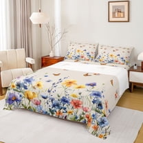 Feelyou Watercolor Groovy Flower Twin Sheet Sets, Butterfly Animal Bedding, 3pcs