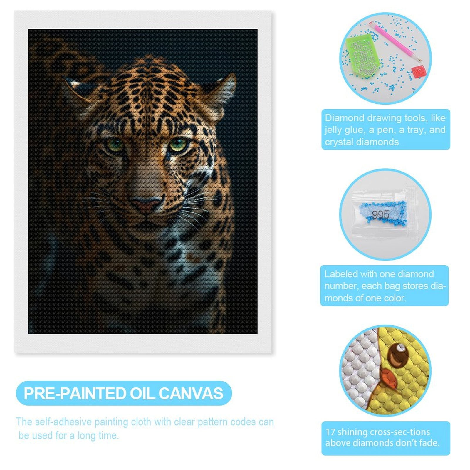 Diamond Art Kits for Adults, Majestic Spotted Big Cat Portrait 5D Diamond Painting Kits for Adults Beginners, DIY Full Drill Diamond Painting, Gem Art and Crafts 12x16