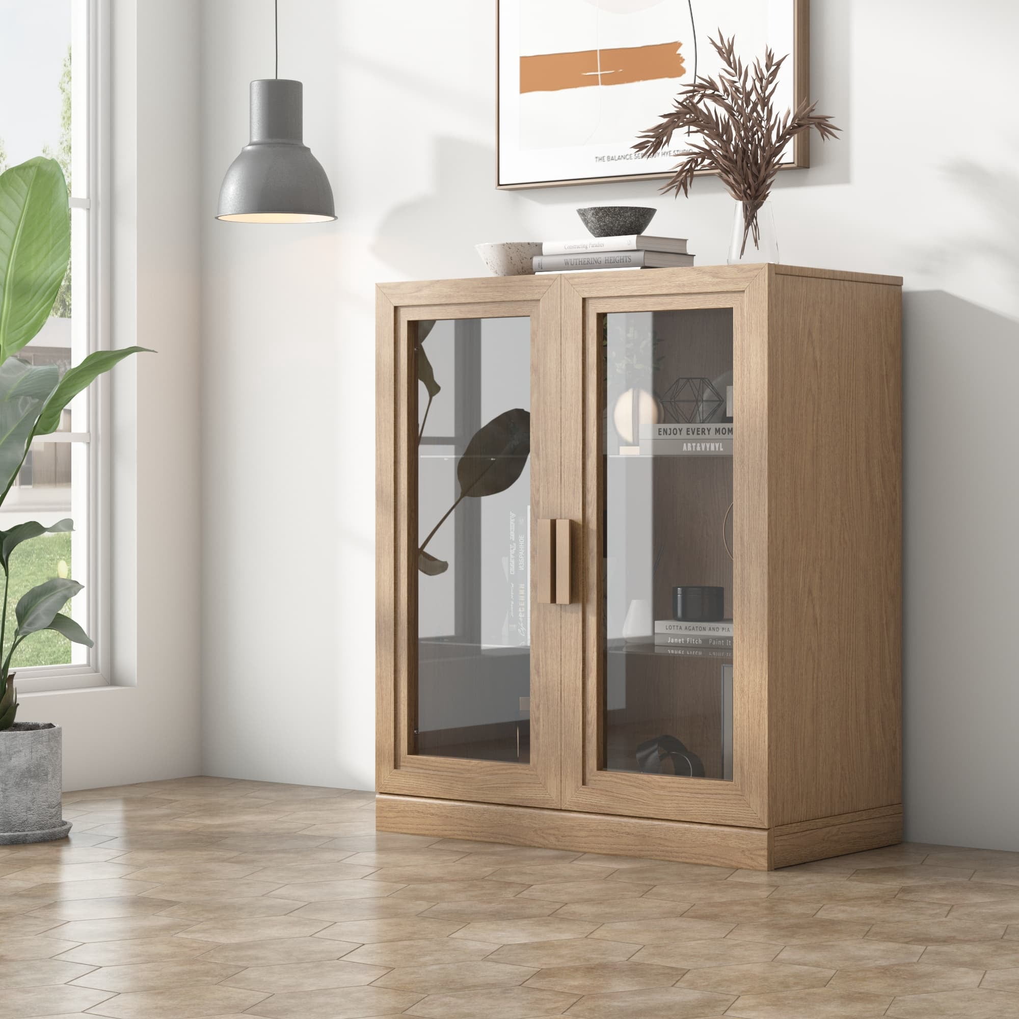 MAYEERTY Curio Display Cabinet with Glass Doors, DIY Combination Storage Cabinets with Adjustable Shelves for Living Room, Natural Wood