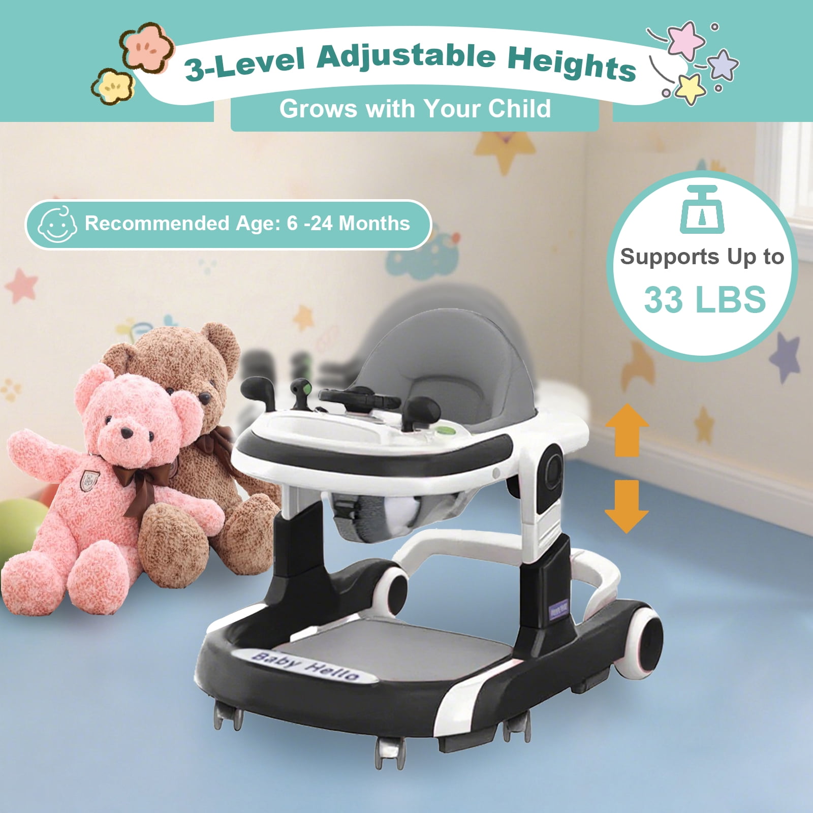 MINGYI 4-in-1 Baby Walker - Multi-functional, Height Adjustable, Foldable Design (Black)