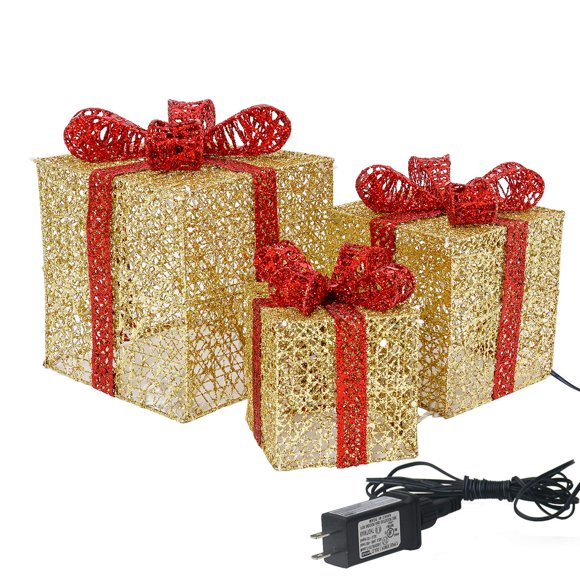 Sunnyglade 10”-8”-6” Set of 3 Christmas Lighted Gift Boxes with Plug for Christmas Decor, Weddings Yard Home Holiday Art Decorations (Gold)