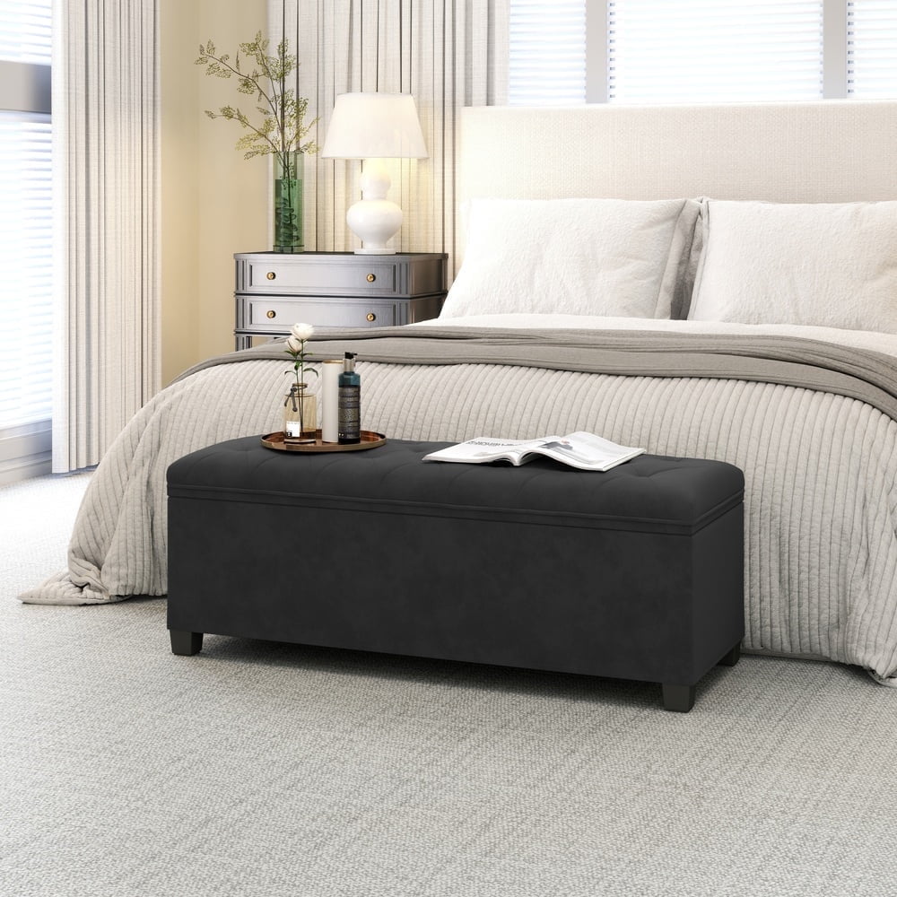 LEDREM Velvet Storage Ottoman Bench with Removable Cover, 43-Inch Long Foot Rest Stool for Bedroom Living Room, Holds 660 lbs, Ink Black