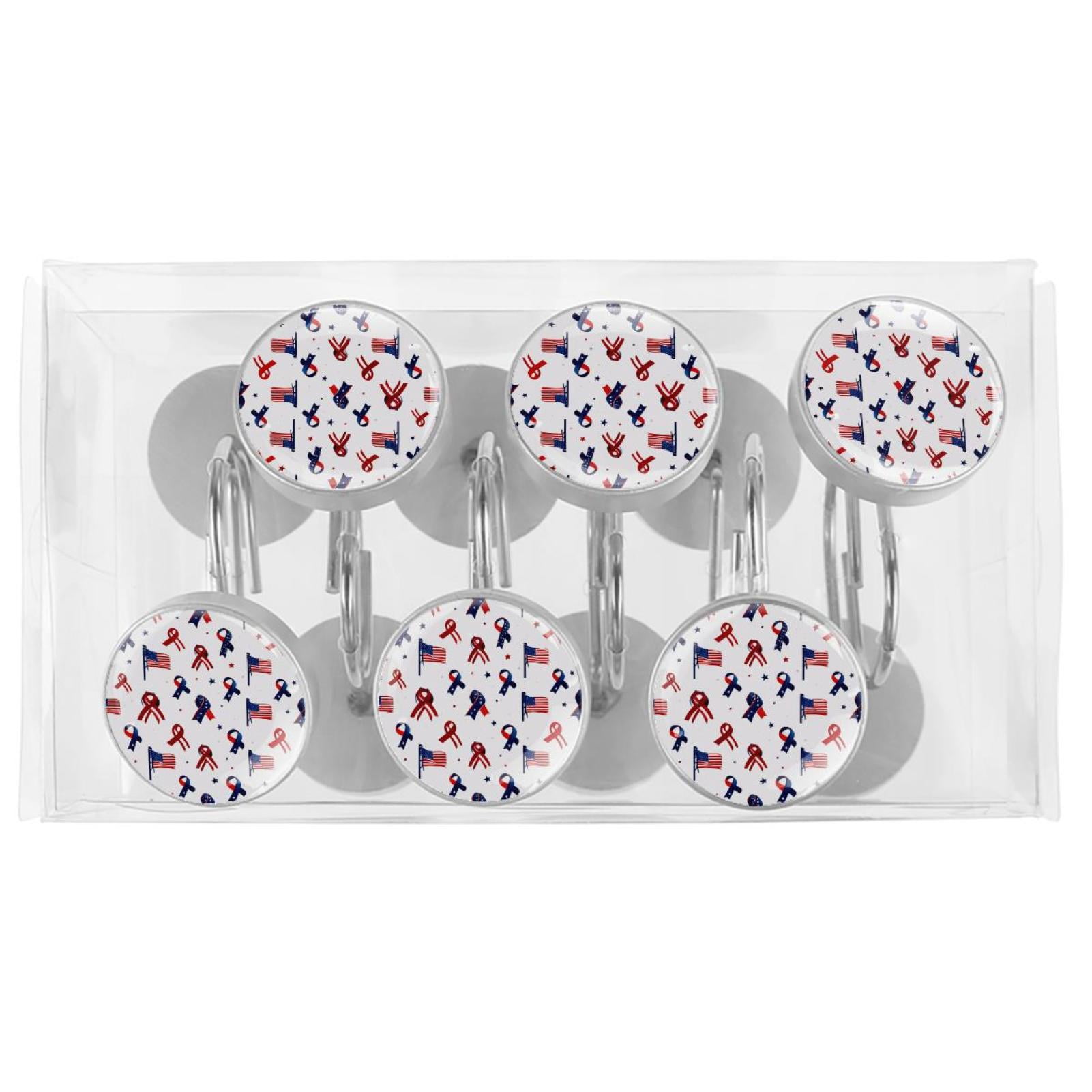 12pcs Decorative Shower Curtain Hooks, Rust Resistant Shower Rings for Bathroom Living Room,Rustproof Stainless Steel Rings for Shower Curtain and Liner Rods,4th of July Bows Flags