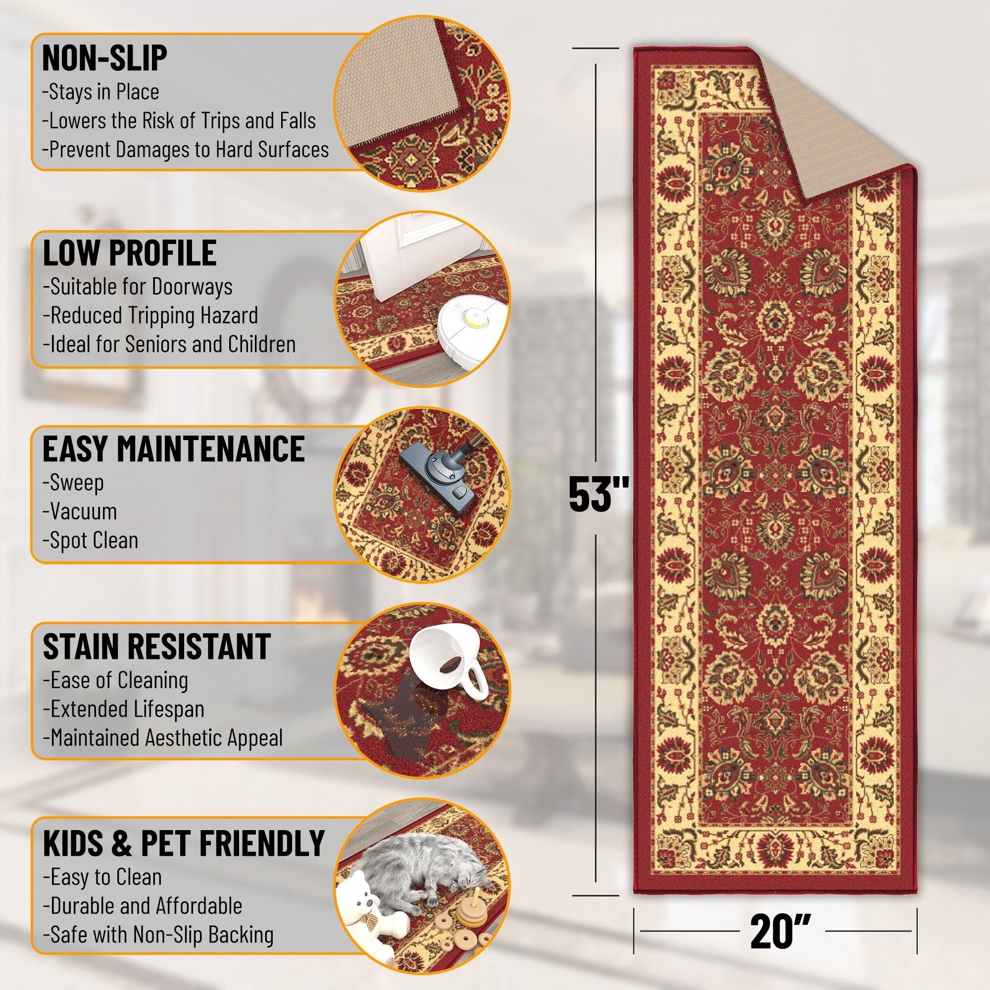 Ottomanson Floral Bathroom Runner Rug 20" x 53" - Non Slip Low Pile Carpet, Red