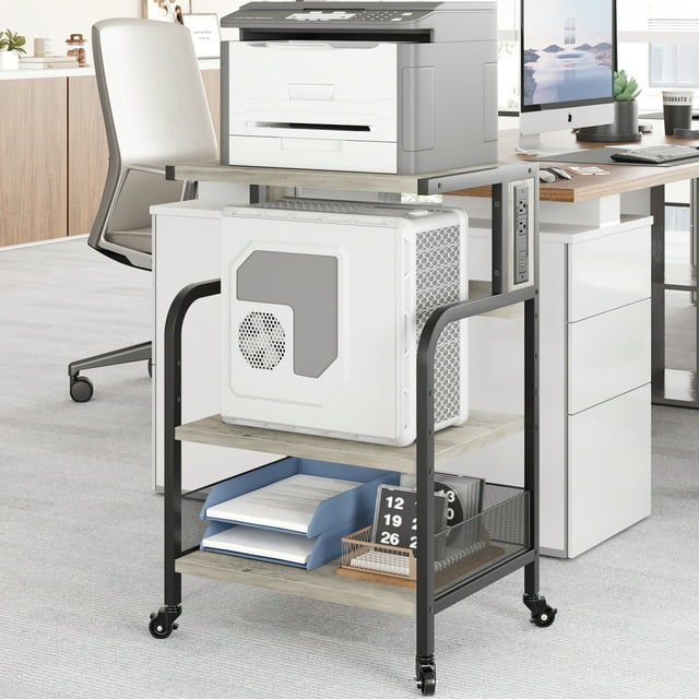 Ourlova Grand Support d'Imprimante avec Prises de Courant et Ports de Recharge USB Table d'Imprimante Mobile avec Tablette de Rangement Support d'Imprimante Roulant à 3 Niveaux avec Roues pour Bureau à Domicile Gris Rustique