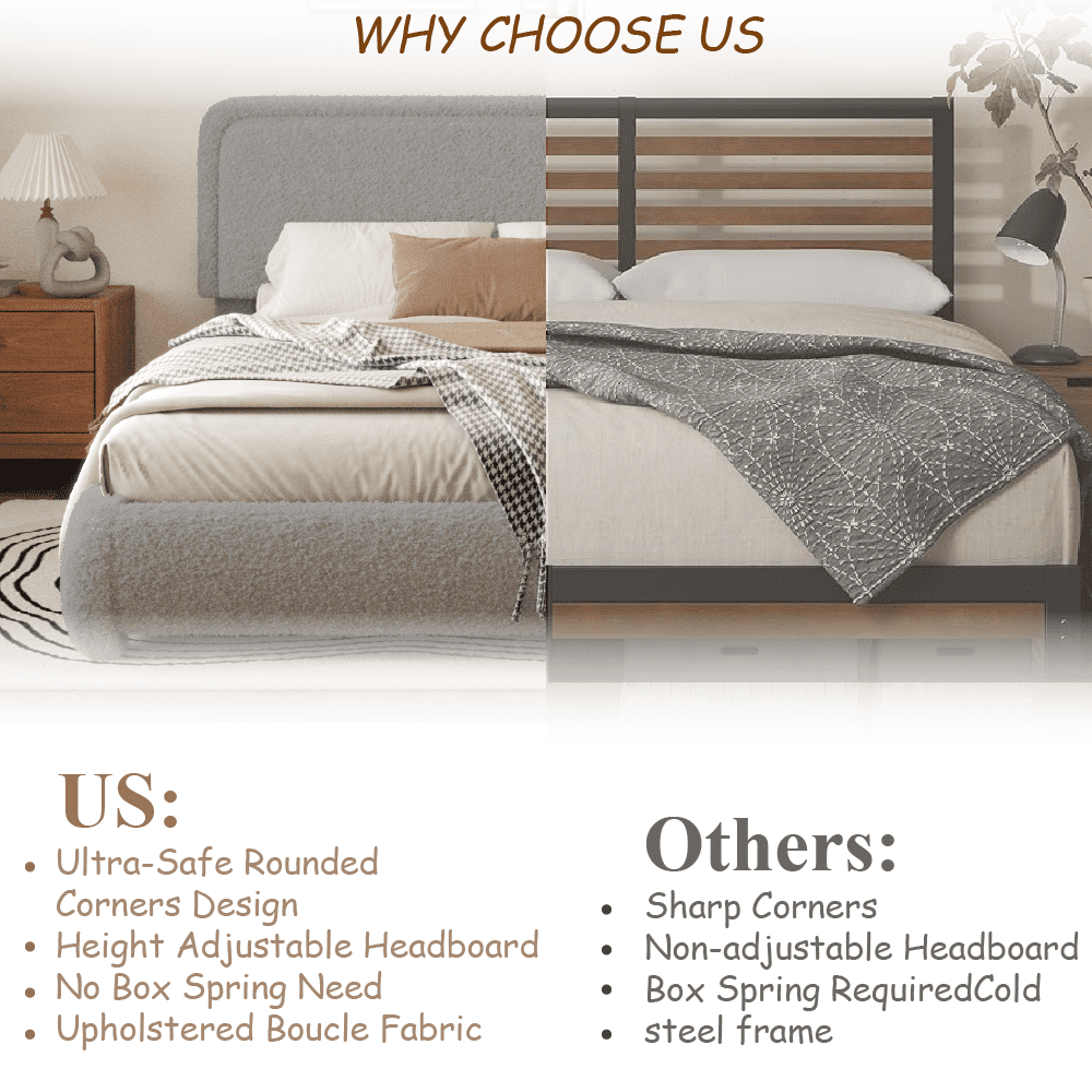 VIPLOV King Size Boucle Bed Frame, Cloud Upholstered Platform Bed with Height Adjustable Headboard & Soft Rounded Corners, No Noise Free, Easy Assembly.light gray