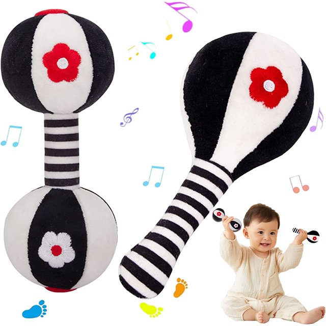 Juguete sensorial suave para sonajero de bebé oso de fresa juegos de sonajeros de mano para recién nacidos mancuernas de martillo de arena en blanco y negro