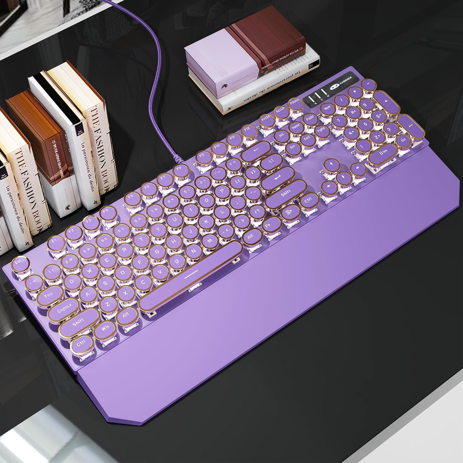 Typewriter Mechanical Gaming Keyboard, Retro Punk Purple Round Keycaps, 104 Keys LED White Backlit Wired Keyboards for Laptop MAC PC Gamer, with Magnetic Wrist Rest, Blue Switch