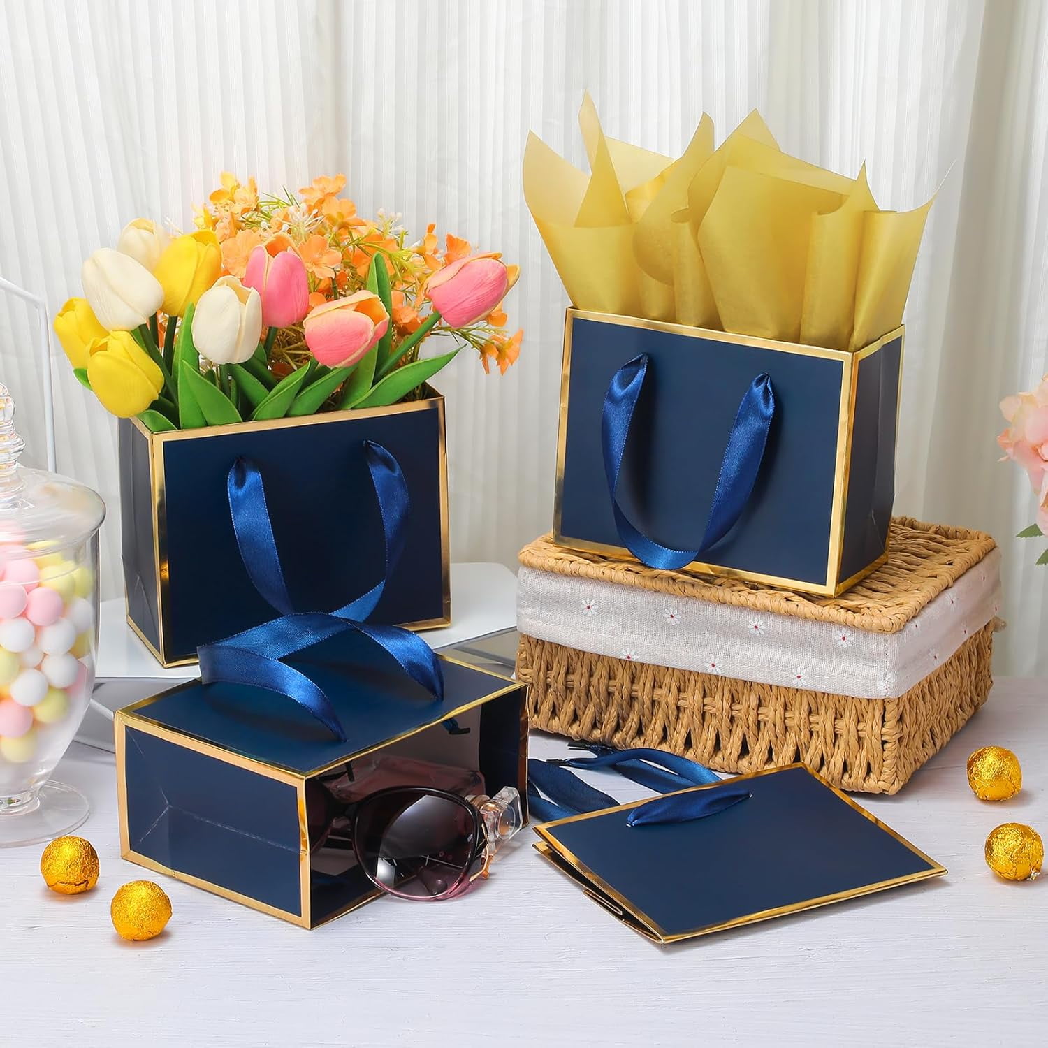 30 Pcs Small Metallic Foil Gift Bags with Handles, Blue Gold Thank You Favor Bag with Tissue Paper for Back to School Baby Shower Wedding Mother's Day Christmas Party (6.4x3.1x5.1 Inch)