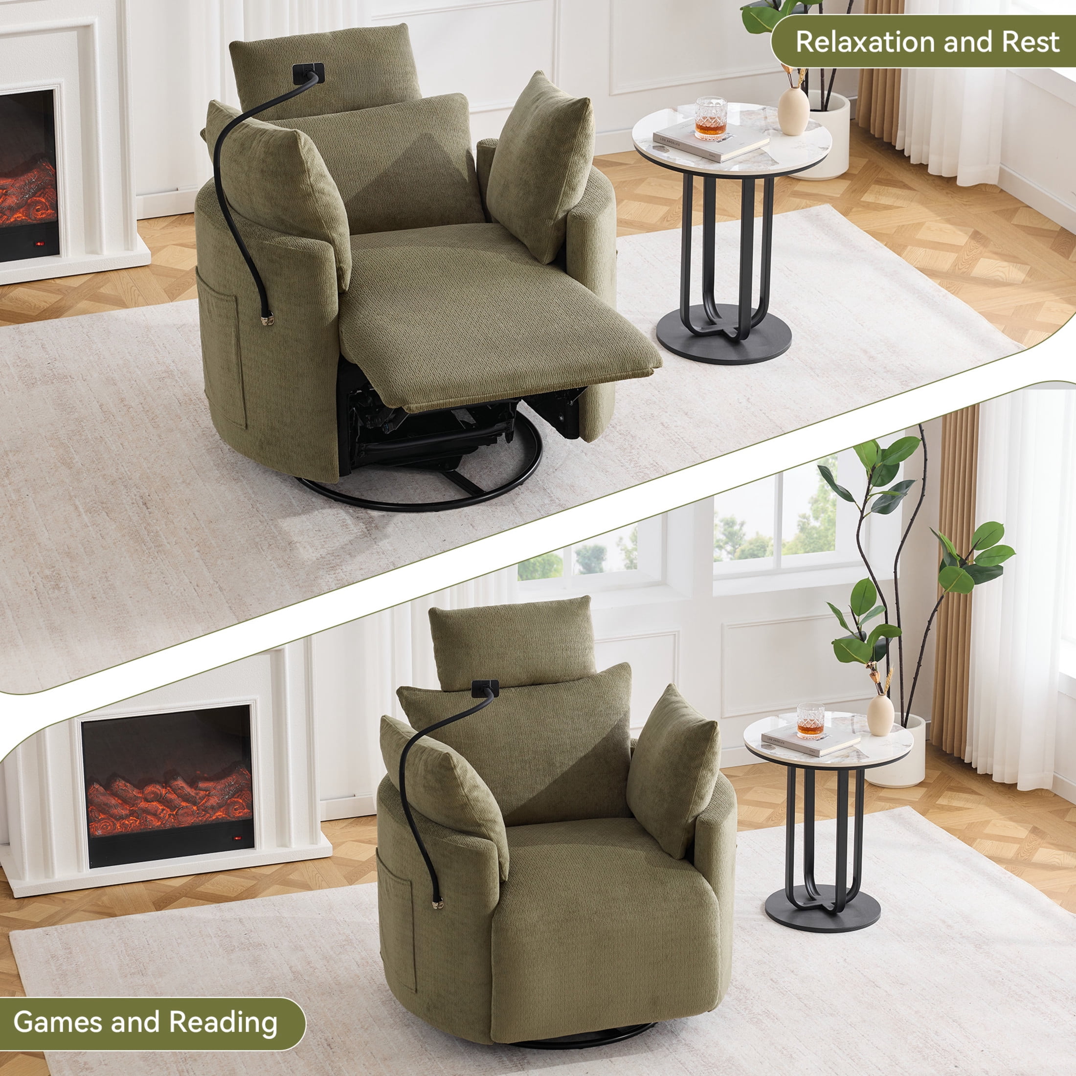 Noble House Sigrid 360° Swivel Rocking Recliner Chair, Electric Power Adjustable Chenille Armchair with USB, Light Green