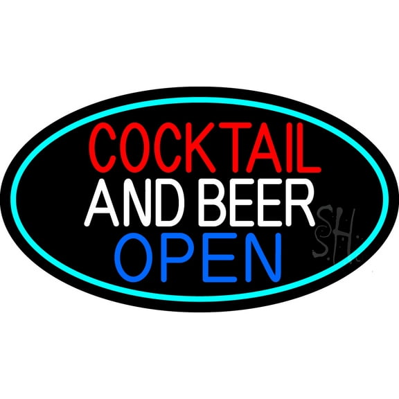 Cocktail And Beer Open Oval With Turquoise Border LED Neon Sign 13 x 24 - inches, Clear Edge Cut Acrylic Backing, with Dimmer - Bright and Premium built indoor LED Neon Sign for Bar decor.