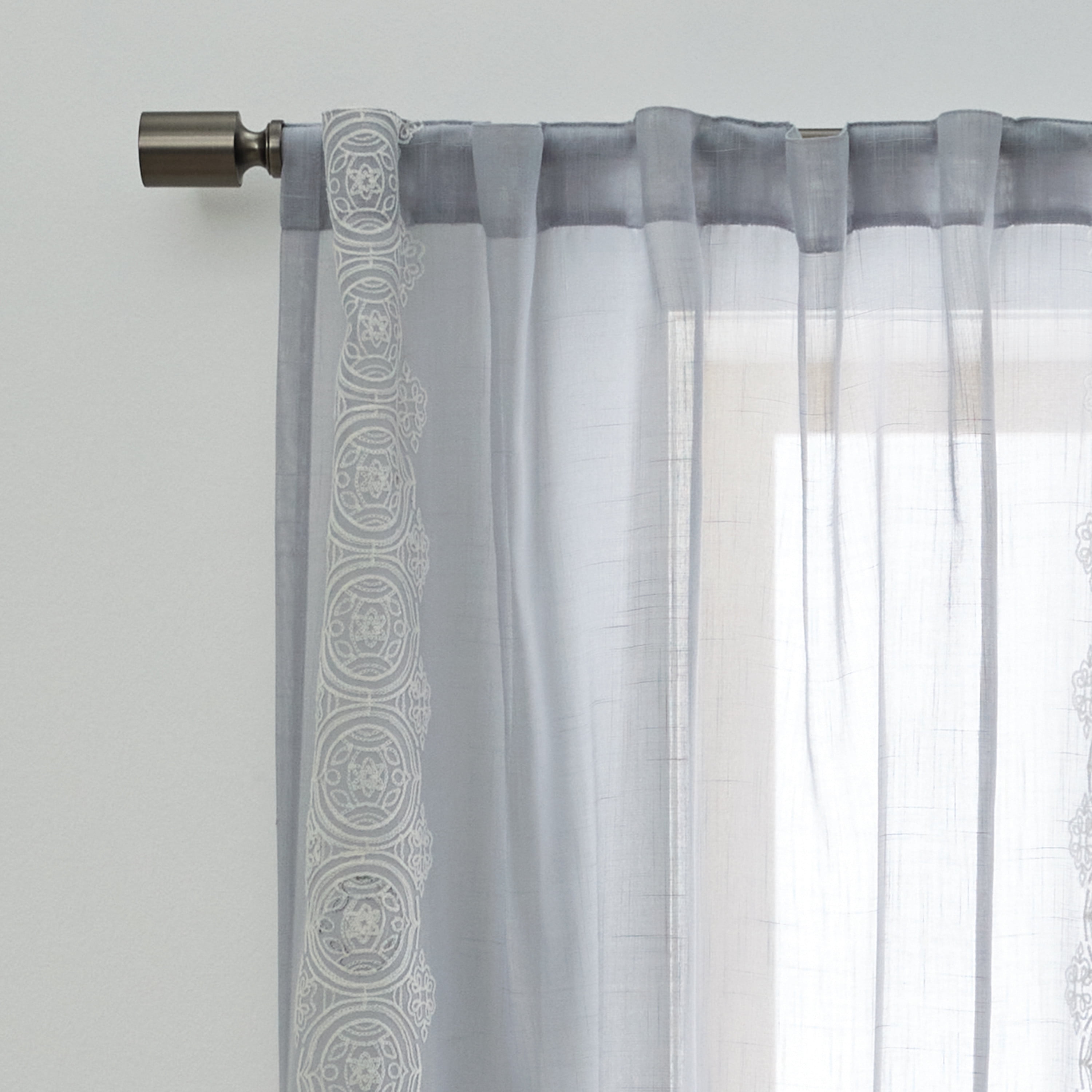 Better Homes & Gardens Embroidered Border Curtain Single Panel, Indoor, Rod Pocket/Back Tab, Soft Silver, 50" W x 63" L, Adult