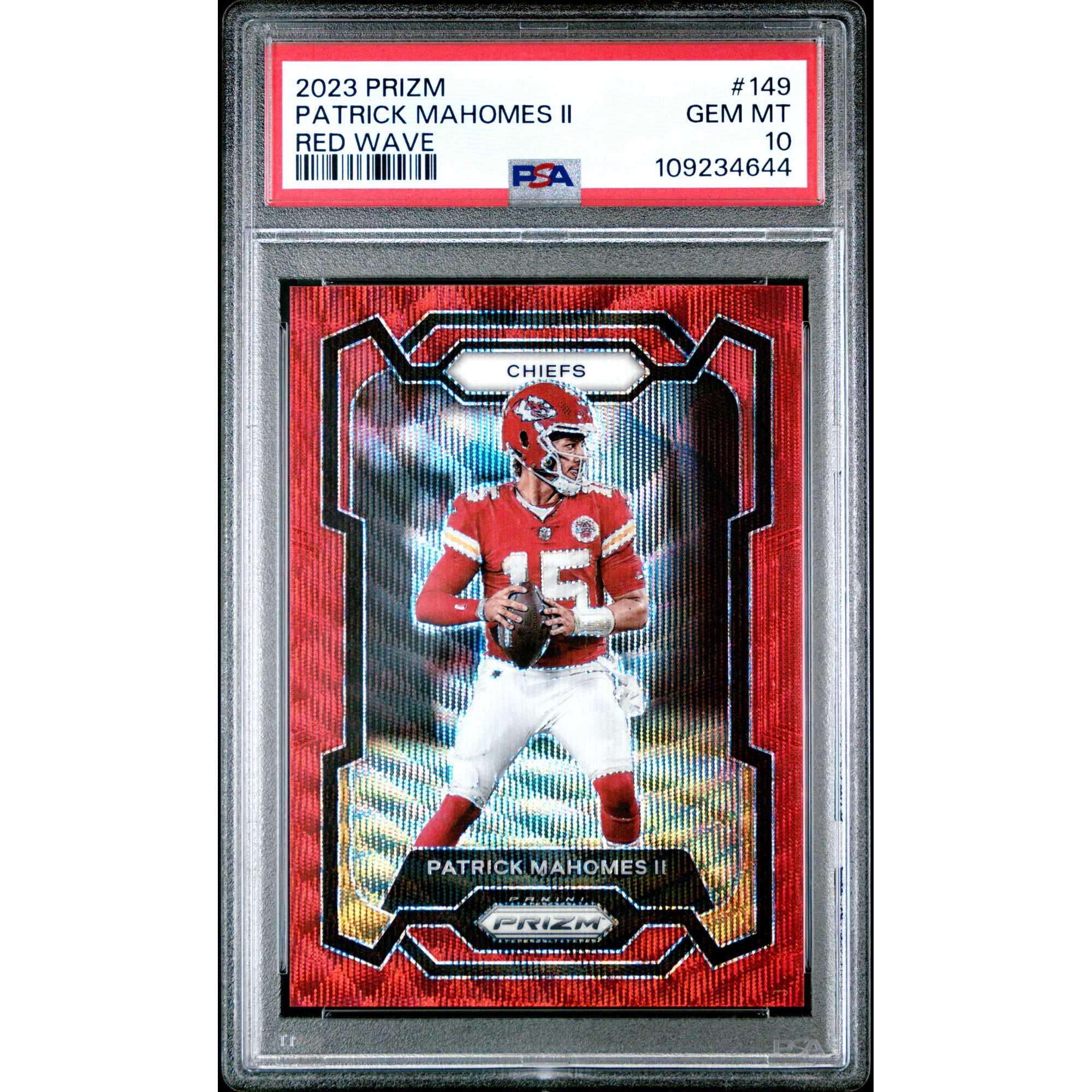Patrick Mahomes II 2023 Prizm Red Wave Kansas City Chiefs Football Card #149 Graded PSA 10 Cert #109234644 43/149