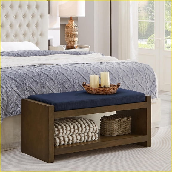 Accent Bench 40"W Modern with Lower Shelf Shoe Storage, Removable Cushion, Navy Blue | Foam | Linen