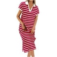 thumbnail image 2 of Party Dresses for Women,Women'S Striped Short Sleeve Dress V Neck Collared Side Slit Casual Beach Maxi Dresses,Red,S, 2 of 6