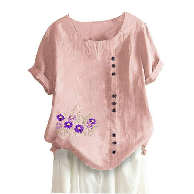Blouses pour Femmes, Haut Décontracté en Coton et Lin Imprimé à Manches Courtes avec Boutons