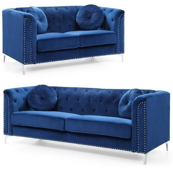 Home Square 2-Piece Set with Velvet Sofa and Loveseat in Navy Blue