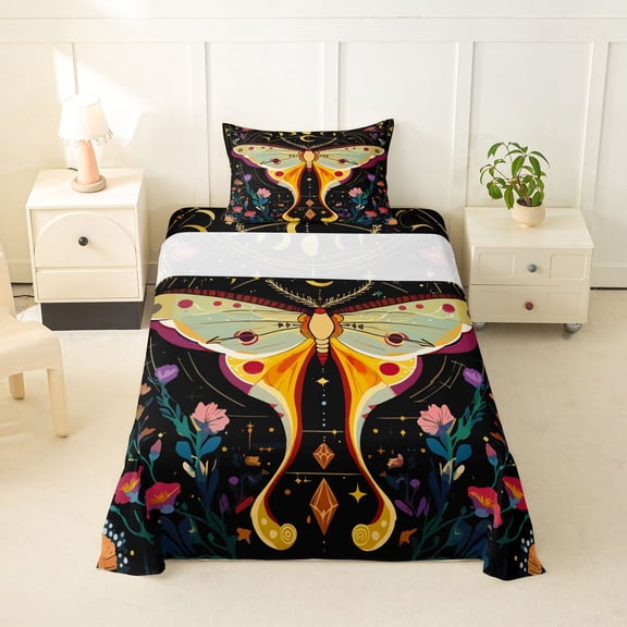 jejeloiu Whimsical Moth Twin Sheets For Girls,Celestial Floral Pattern Bedding,Black Multi Color,3-Piece,1 Fitted Sheet and 1 Pillowcase