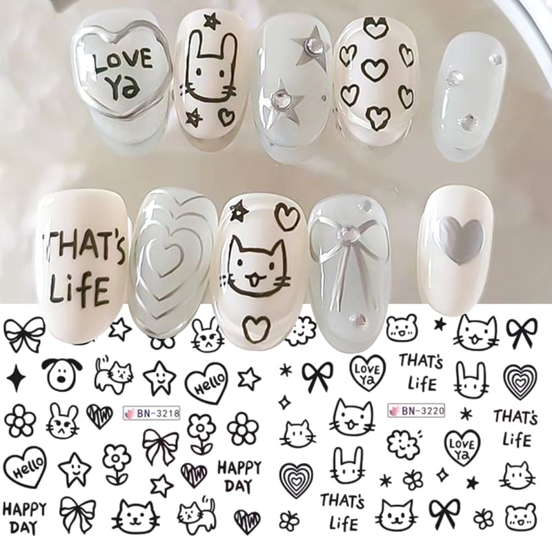 12pcs Cartoon Cute Cat Stickers For Nails Star Flower Bow Nail Water Decals Sliders Korean Japanese Nail Art Manicure Decoration