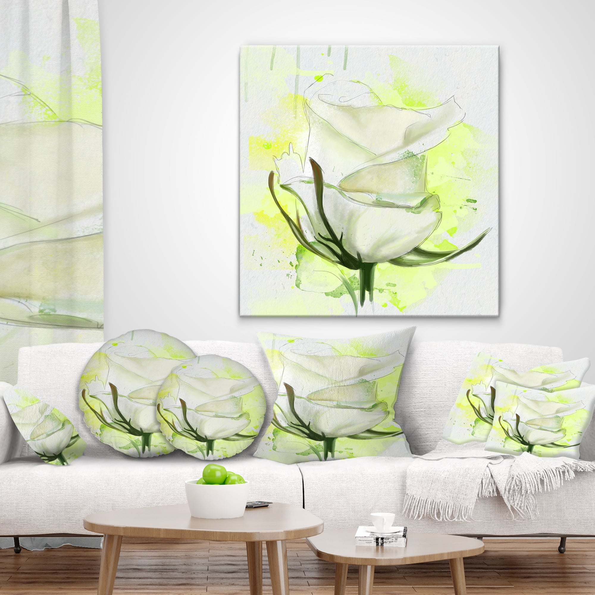 Designart White Roses Watercolor Sketch - Floral Throw Pillow - 16x16