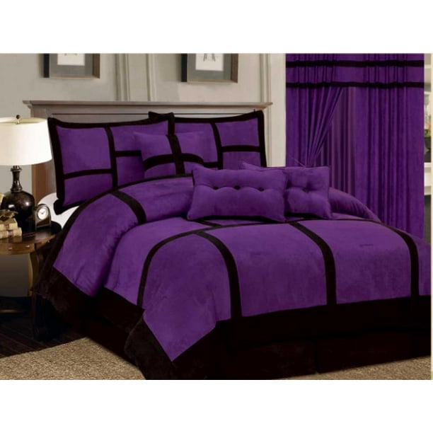 Patchwork Purple Black Micro Suede Comforter Set Queen ...