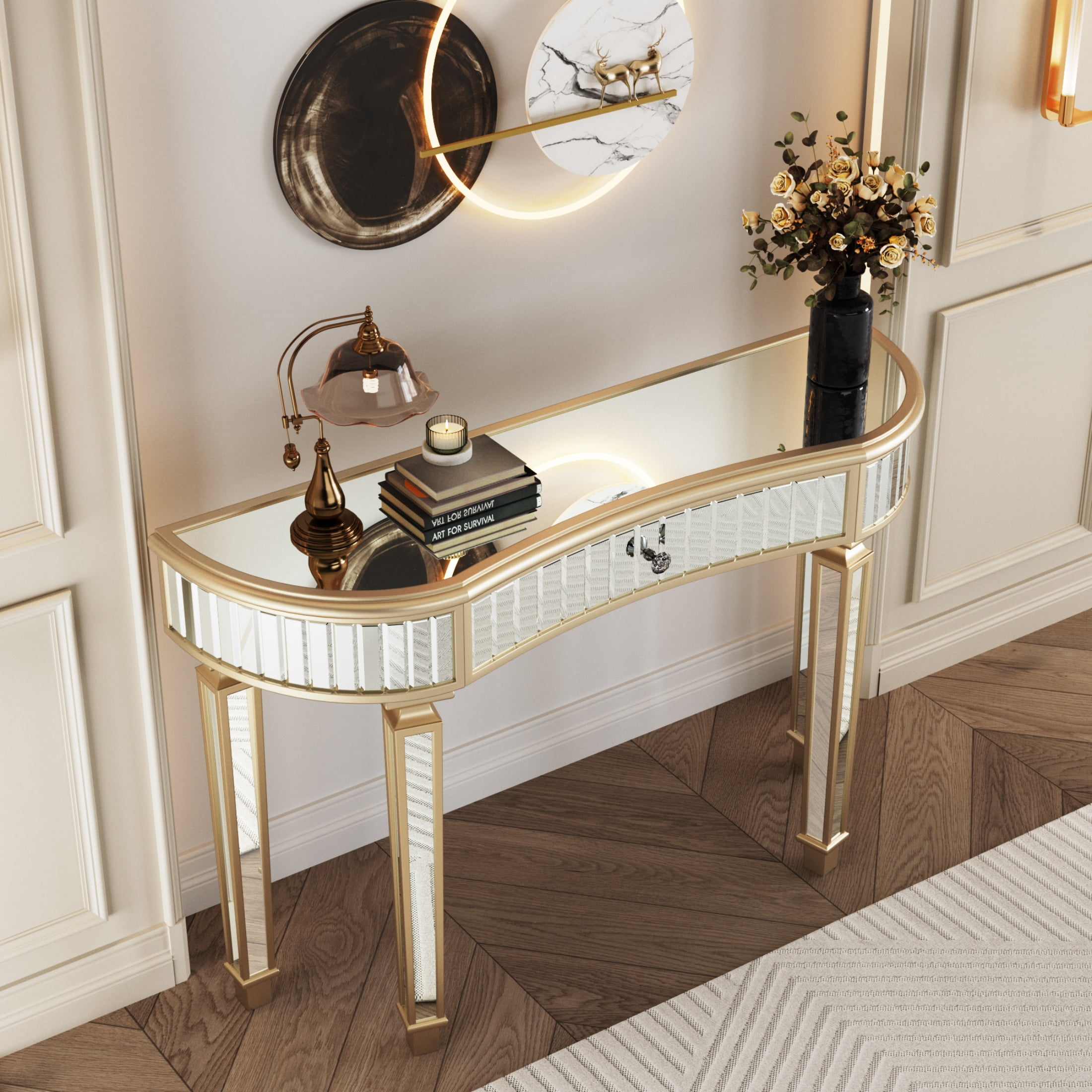 Atumcto 47" Fluted Mirrored Console Table with Drawer, Gold Finish Narrow Accent Sofa Table for Entryway, Living Room