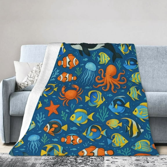 Sea Animal Blanket Colorful Marine Life Whale, Octopus, and Turtle Throw Blankets,Birthday Gifts for Kids & Ocean Lovers,Lightweight Soft Fleece for Sofa Couch Bed Room Travel Decor 50x40