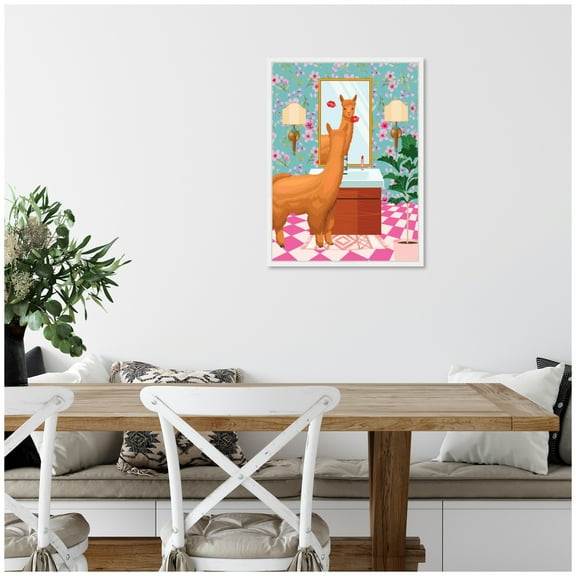 Kate and Laurel Maximalist Llama Bathroom Mirror Framed Canvas Wall Art  by Honey Island Studio 18 x 24 Sylvie White, Whimsical, Animals, Humor, Bathroom Art for Wall Decor, Living Room, Bedroom