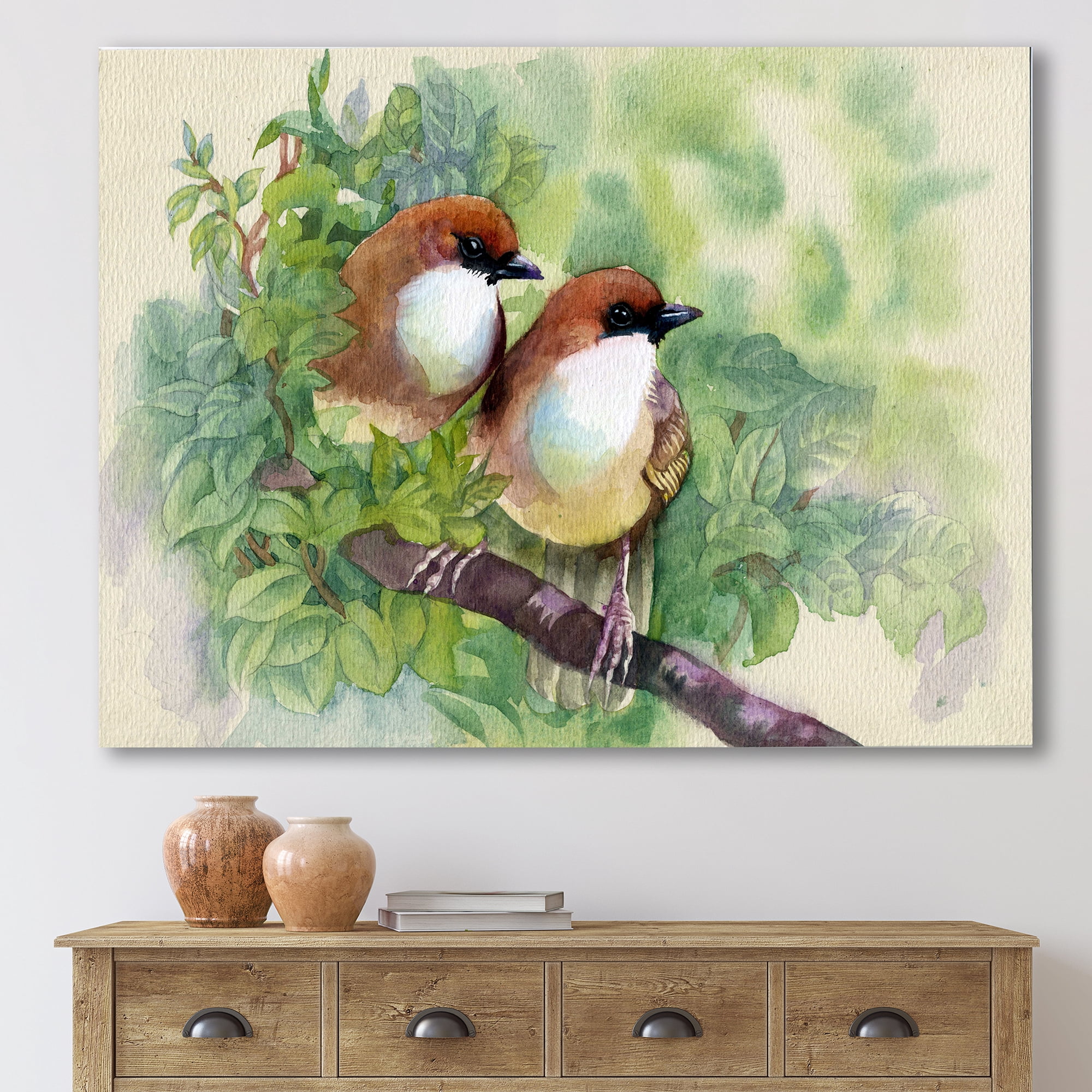 Designart ' Birds Of Spring Sitting On Branch ' Traditional Canvas Wall Art Print