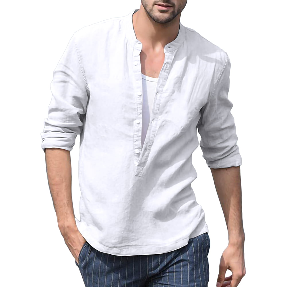 Eurivicy - Men's Linen Henley Shirt Deep V-Neck Solid Color Long ...